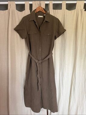 Lord & Taylor Olive-Brown Midi Silk Linen Shirt Dress with Waist Tie